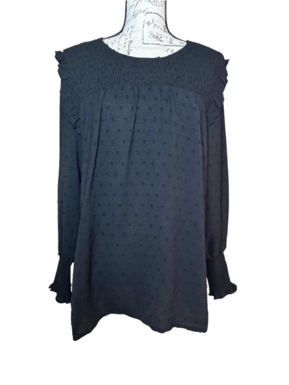 Escalier Sz M Black Long Sleeve Blouse w. smocking ruffled shoulders Swiss Dots